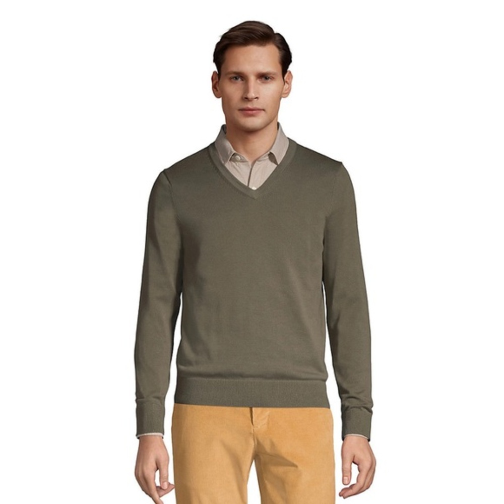 Lands'‎ End Men's Cotton V Neck Green Sweater Size Large